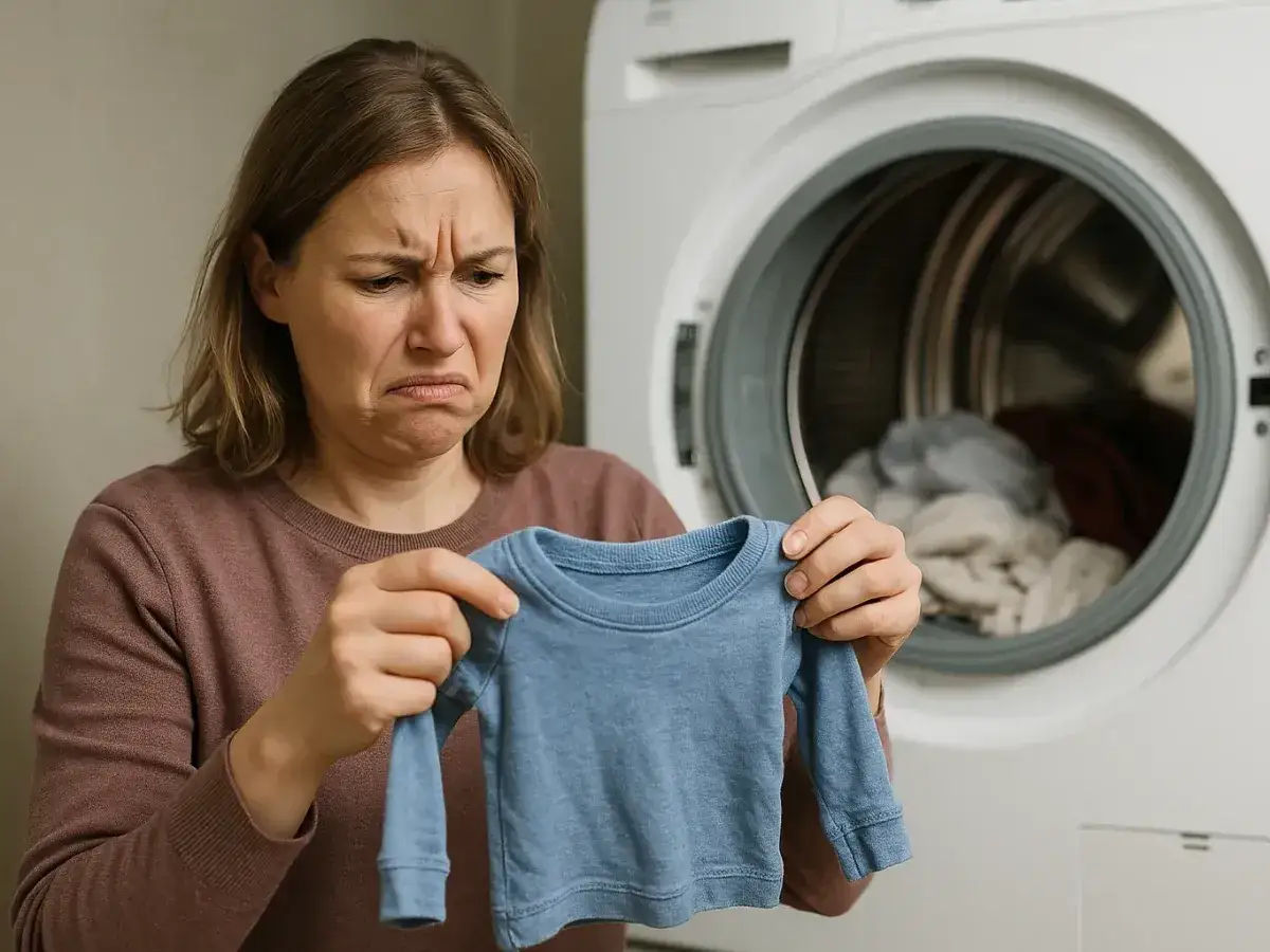 Mujer con cara de disgusto sostiene una prenda de bebé que la secadora encoge la ropa.