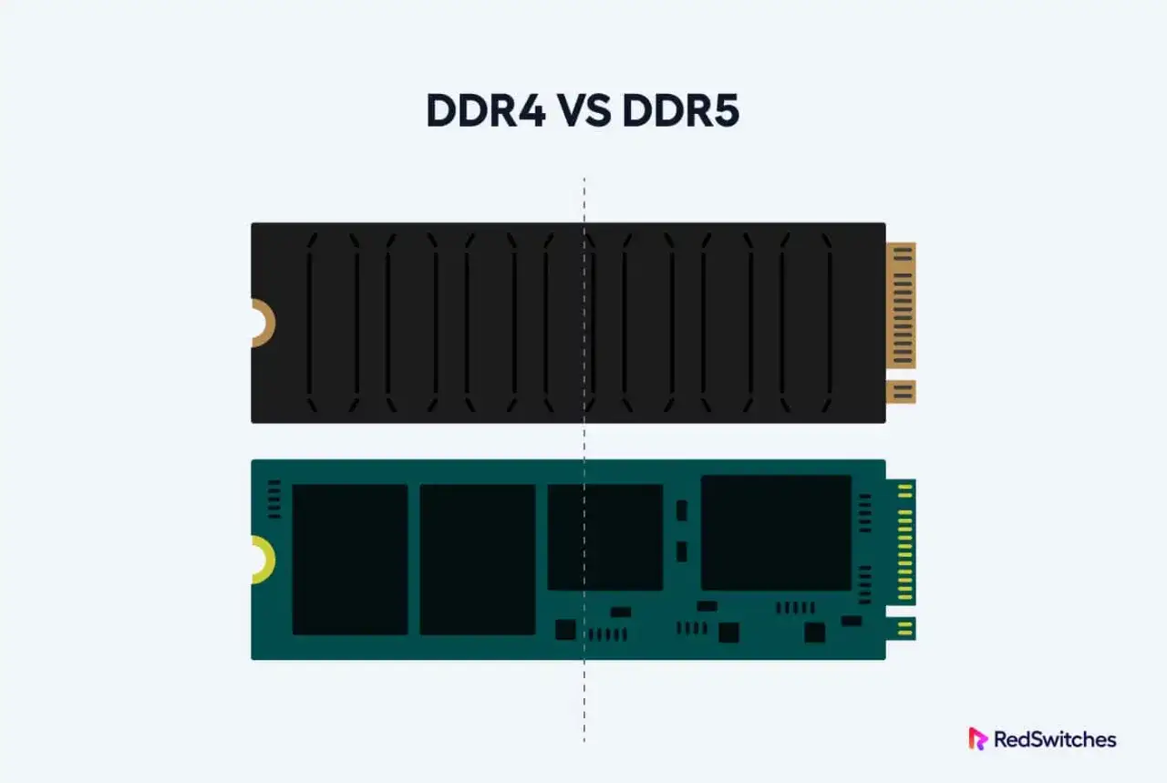 Porównanie modułów pamięci RAM: czarny DDR4 z większą liczbą czipów i zielony DDR5 z mniejszą liczbą.