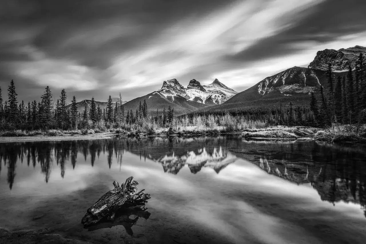 Paesaggio monocromo con montagne innevate, alberi e riflessi sull'acqua. Il significato del monocromo è la sua essenza.