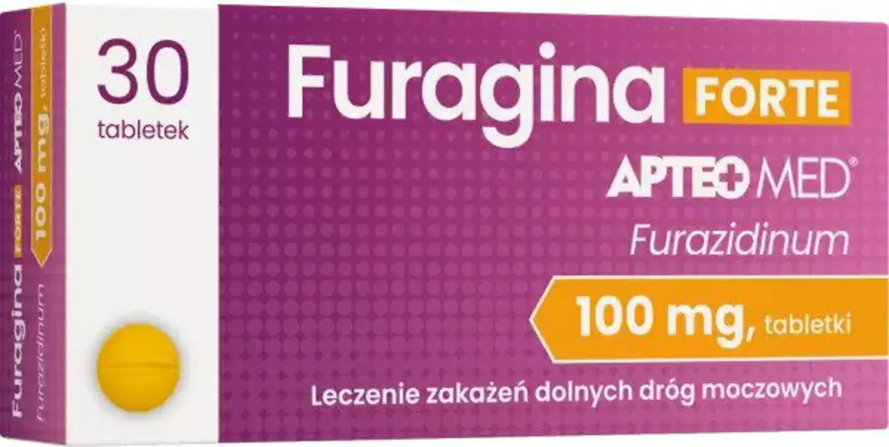 Opakowanie Furagina Forte 100 mg, 30 tabletek. Leczenie zakażeń dróg moczowych. Informacje o furagina forte dawkowanie znajdziesz na opakowaniu.