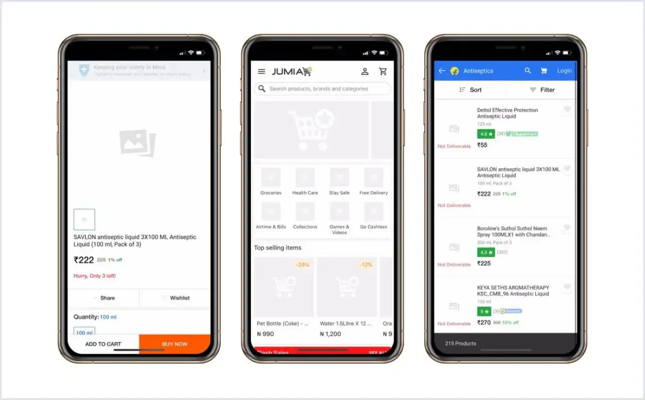 Trois &eacute;crans de t&eacute;l&eacute;phone affichant une application PWA de commerce &eacute;lectronique, avec des produits d'hygi&egrave;ne et de consommation courante.