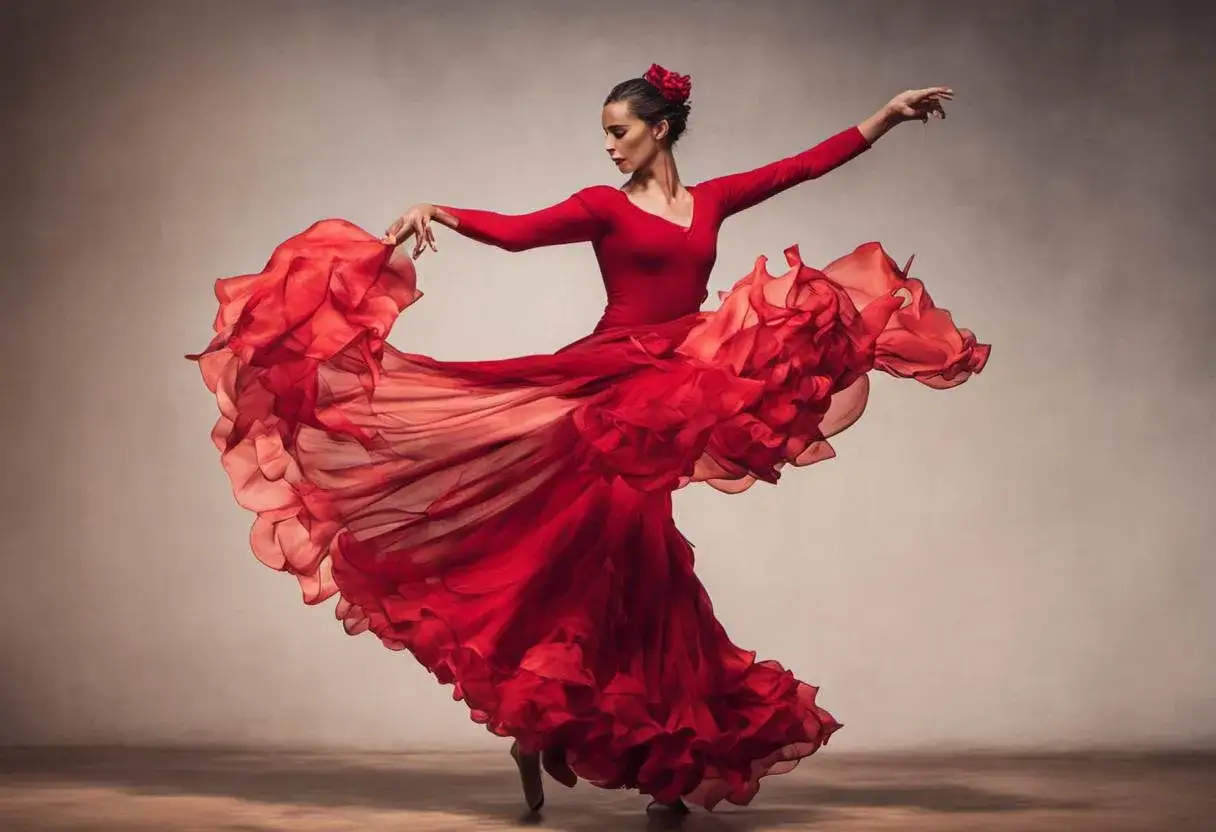 Tancerka w czerwonej sukni wiruje, ukazując piękno i pasję, które definiują, co to flamenco.