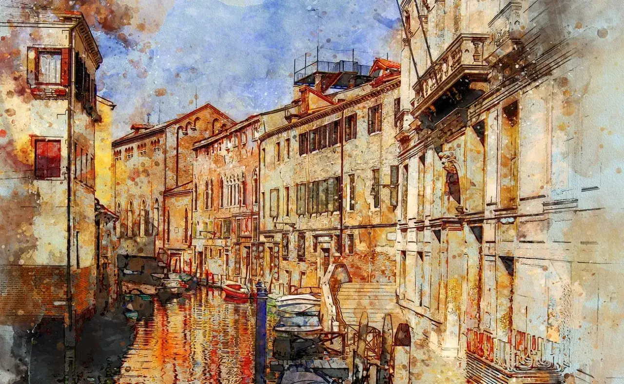 Un canale veneziano con edifici storici e barche, un'immagine che incarna l'Italia, patria della bellezza.