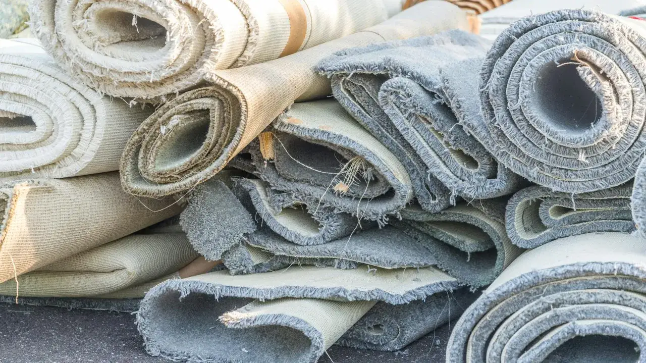 Rotoli di moquette accatastati, pronti per essere rimossi. Si vedono i bordi sfilacciati e i diversi strati.