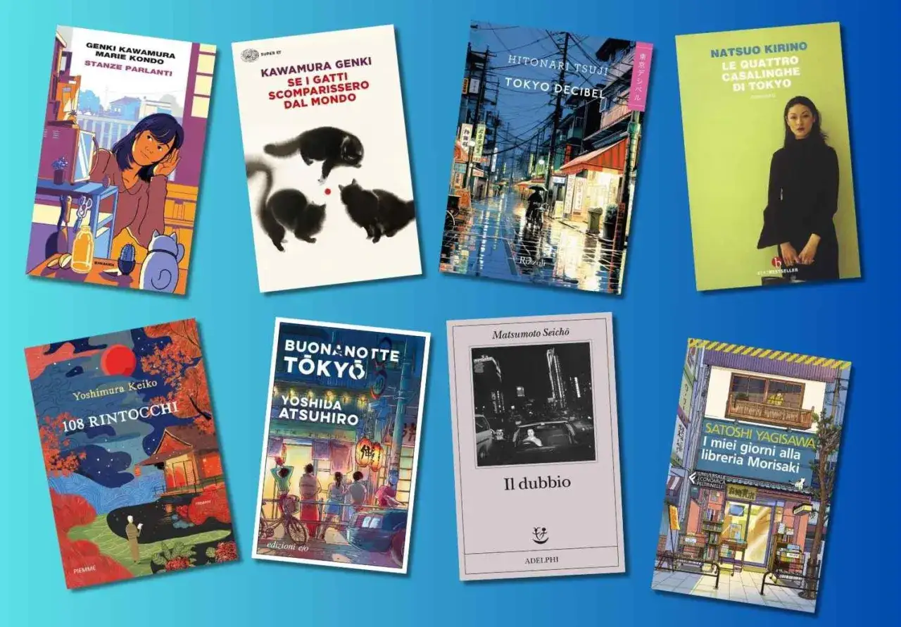 Raccolta di copertine di libri ambientati in Giappone, con scene urbane e personaggi.