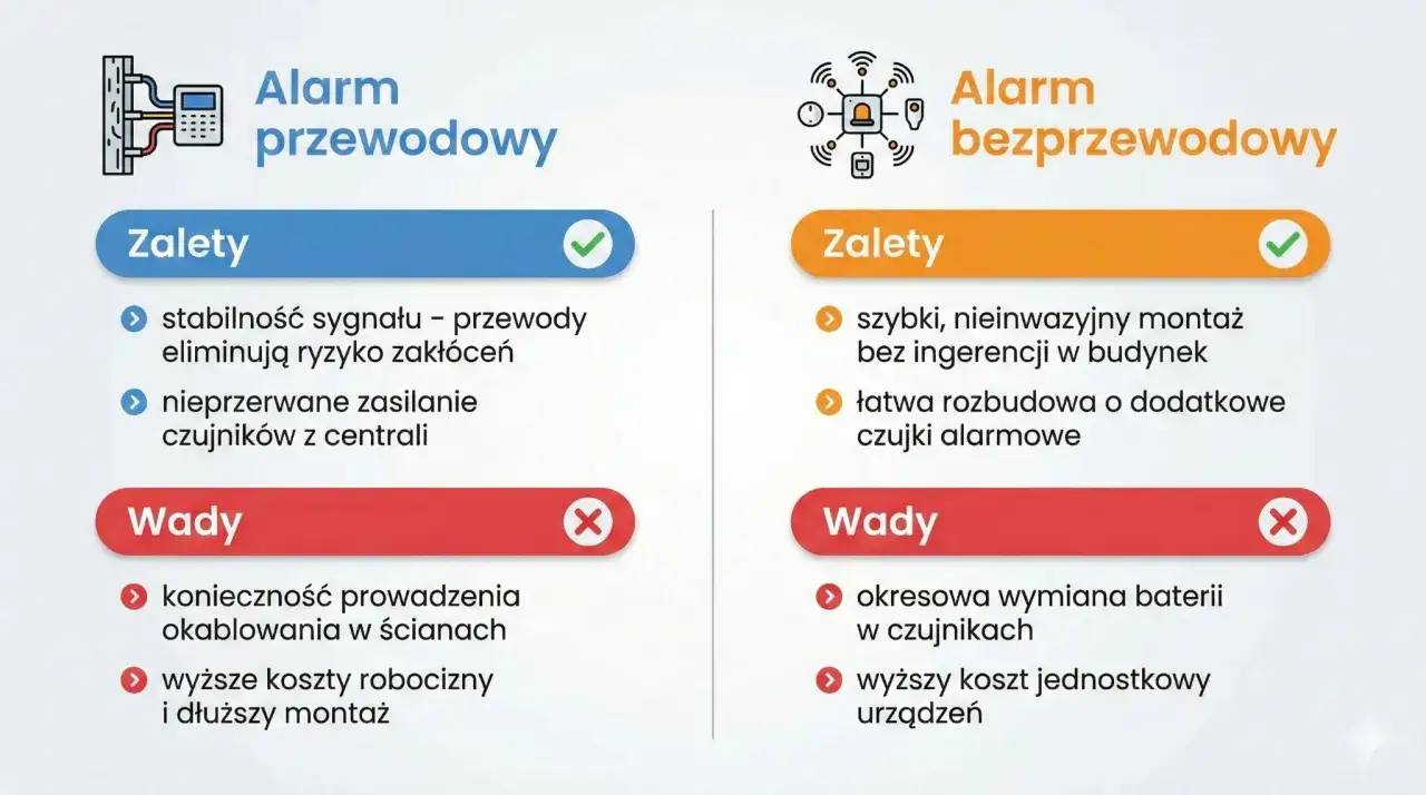 Porównanie alarmów: przewodowy (stabilny, nieprzerwane zasilanie) vs bezprzewodowy (szybki montaż, łatwa rozbudowa). Ranking najlepszych systemów alarmowych do domu.