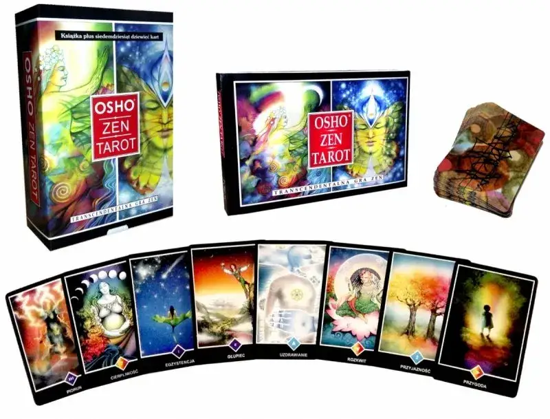 Odkryj znaczenie kart Osho Zen Tarot. Zestaw zawiera pudełko, książkę i karty z mistycznymi ilustracjami, np. 