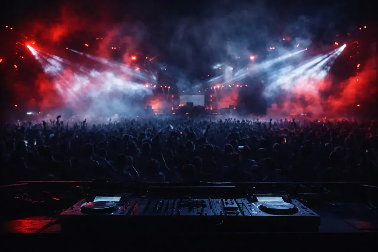 Plataforma de DJ lista para los hard techno djs. Multitud en éxtasis bajo luces rojas y azules.