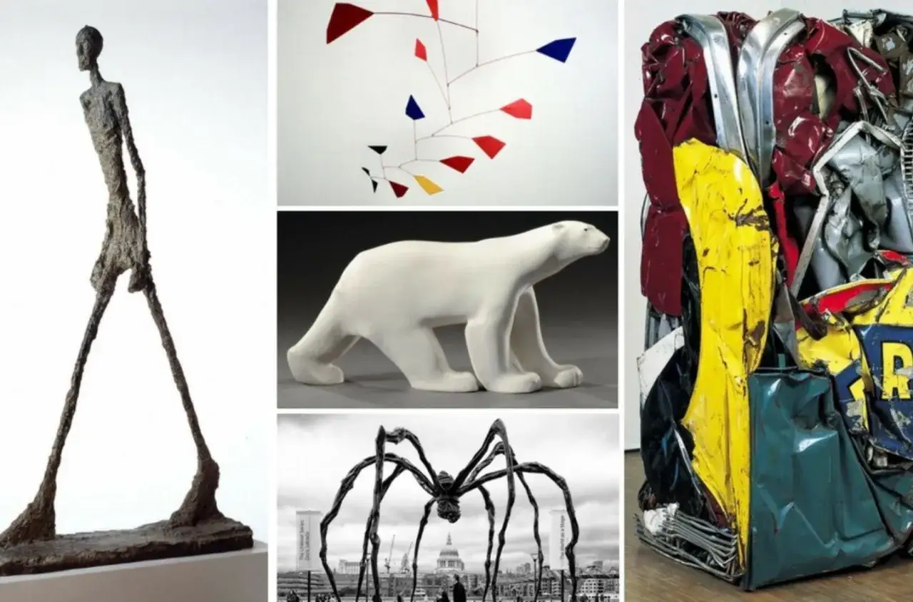 Collage d'œuvres de sculpteurs français contemporains connus : une silhouette filiforme, un mobile coloré, un ours polaire blanc, une araignée monumentale et une sculpture en métal compressé.