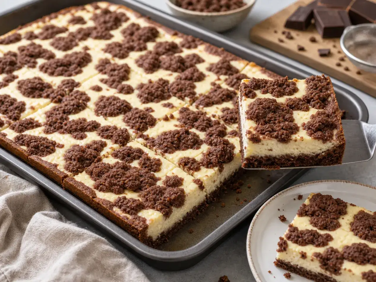 Ein frisch gebackener russischer Zupfkuchen mit Schokoladenstreuseln und einer cremigen K&auml;seschicht. Ein St&uuml;ck wird gerade herausgehoben.