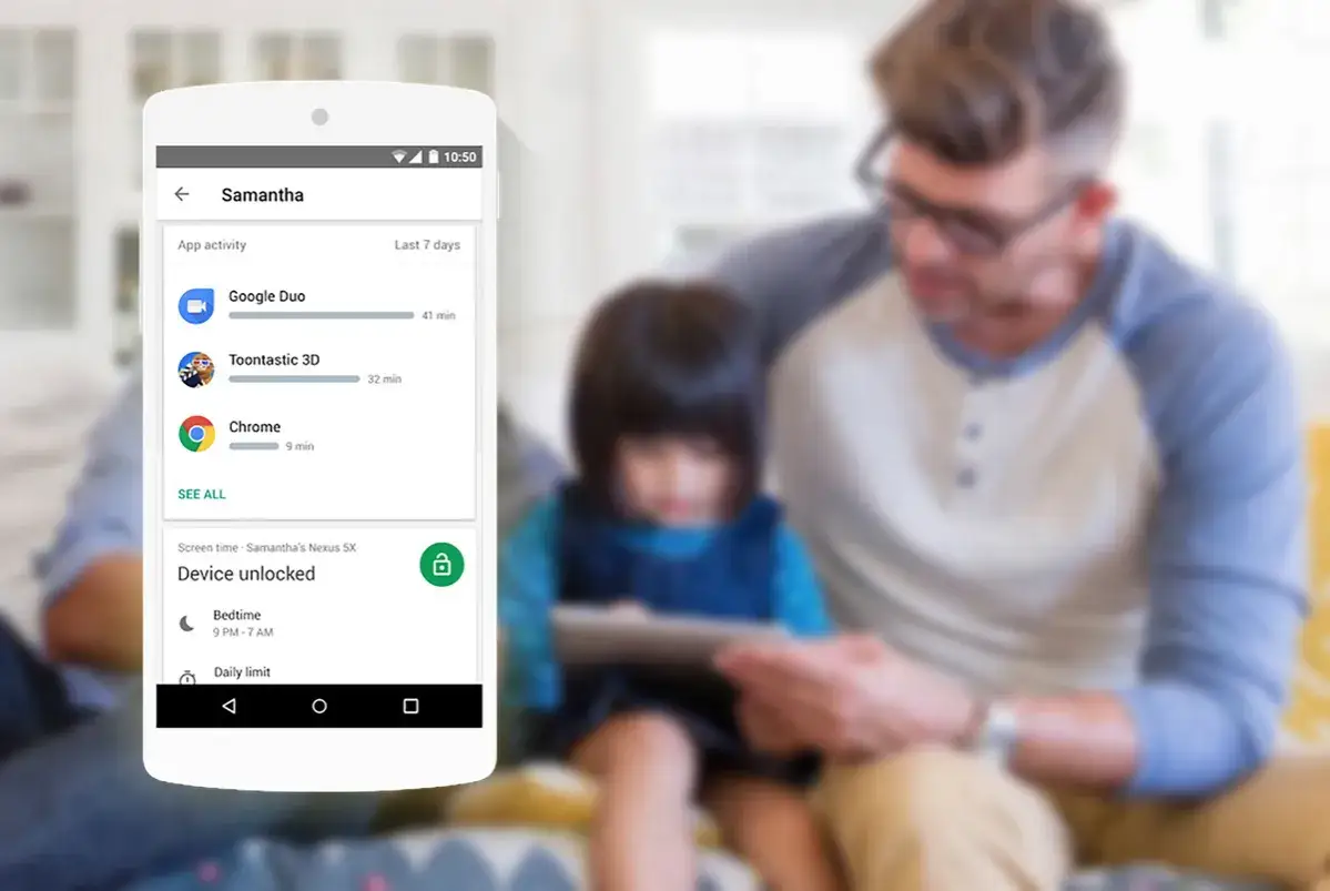 Telefon z aplikacją Family Link pokazuje aktywność dziecka. Dowiedz się, jak odinstalować Family Link, by odzyskać kontrolę nad urządzeniem.