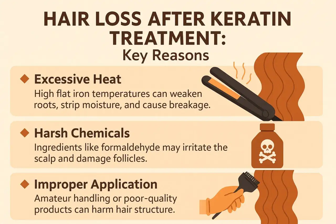 Perte de cheveux apr&egrave;s traitement &agrave; la k&eacute;ratine : chaleur excessive, produits chimiques agressifs et application incorrecte peuvent causer le danger de k&eacute;ratine pour cheveux.