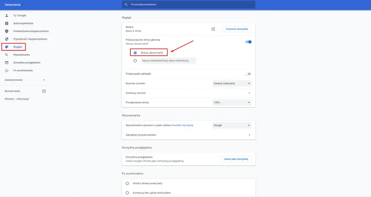 Ustawienia przeglądarki Chrome. Wybierz 