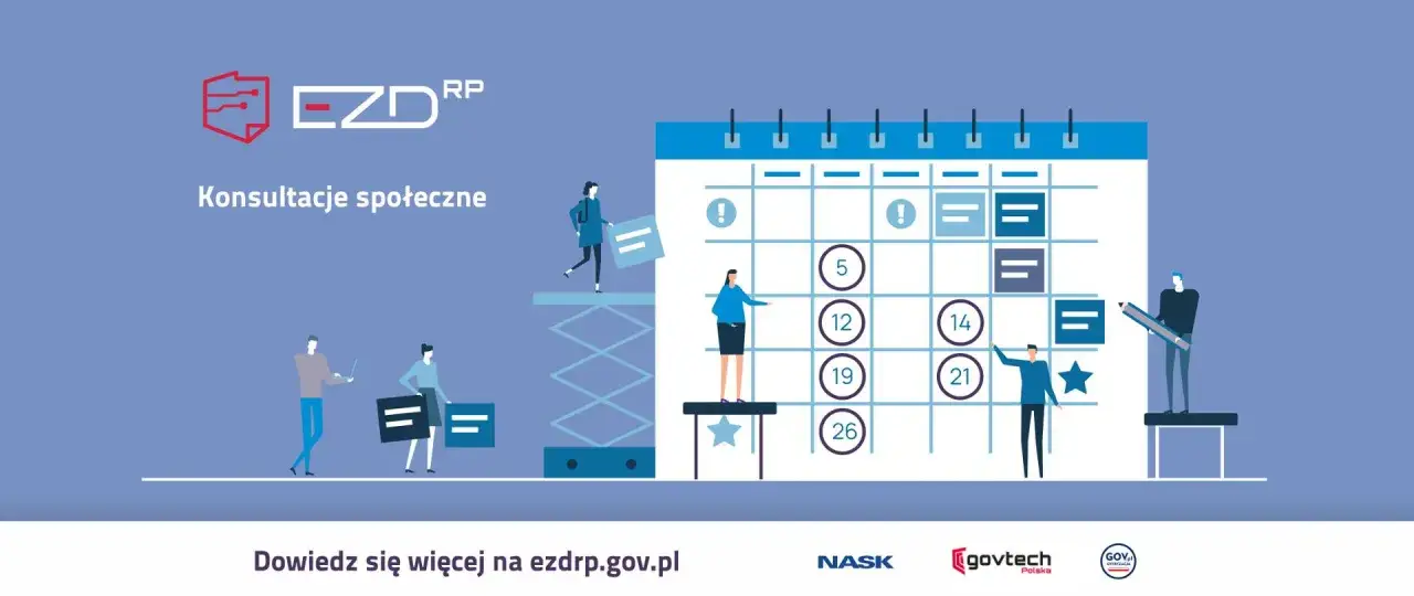 Grafika ilustruje konsultacje społeczne jako element rozwiązań dla administracji publicznej. Ludzie współpracują przy kalendarzu, planując działania.