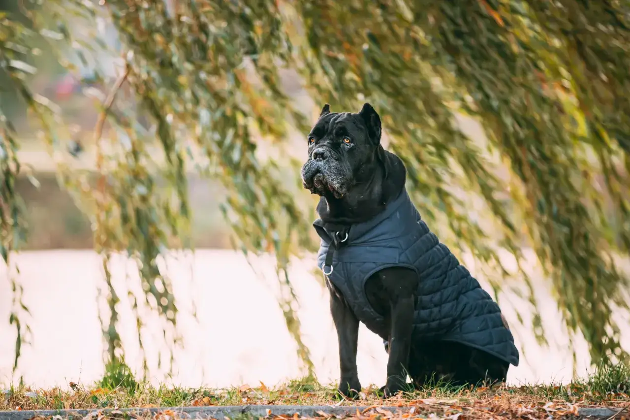 Czarny cane corso w kamizelce, o spokojnym usposobieniu, siedzi na trawie.