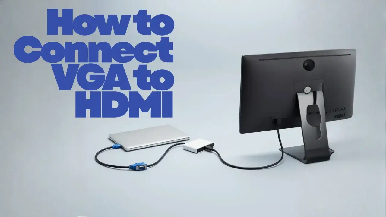 Jak podłączyć monitor VGA do HDMI? Laptop, adapter i monitor połączone kablami, pokazujące rozwiązanie problemu z podłączeniem.