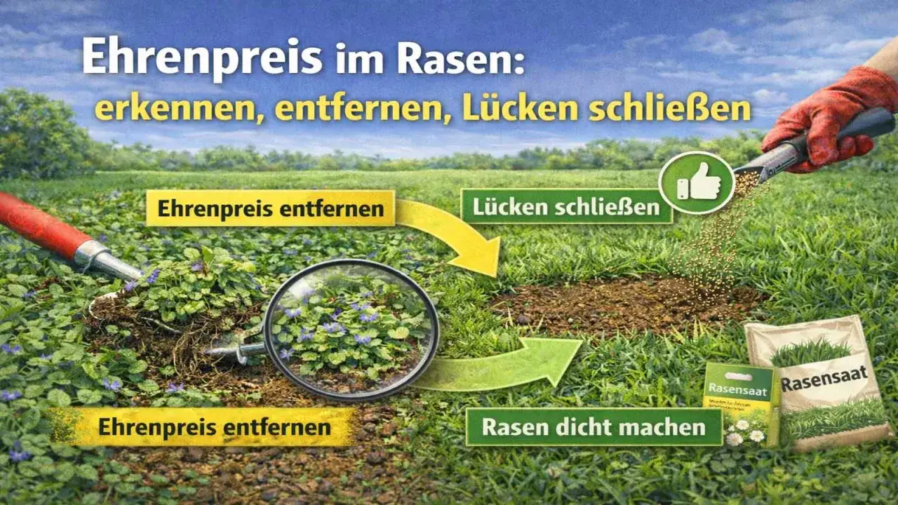 Ehrenpreis im Rasen erkennen und entfernen. Mit Rasensamen Lücken schließen für einen dichten Rasen.