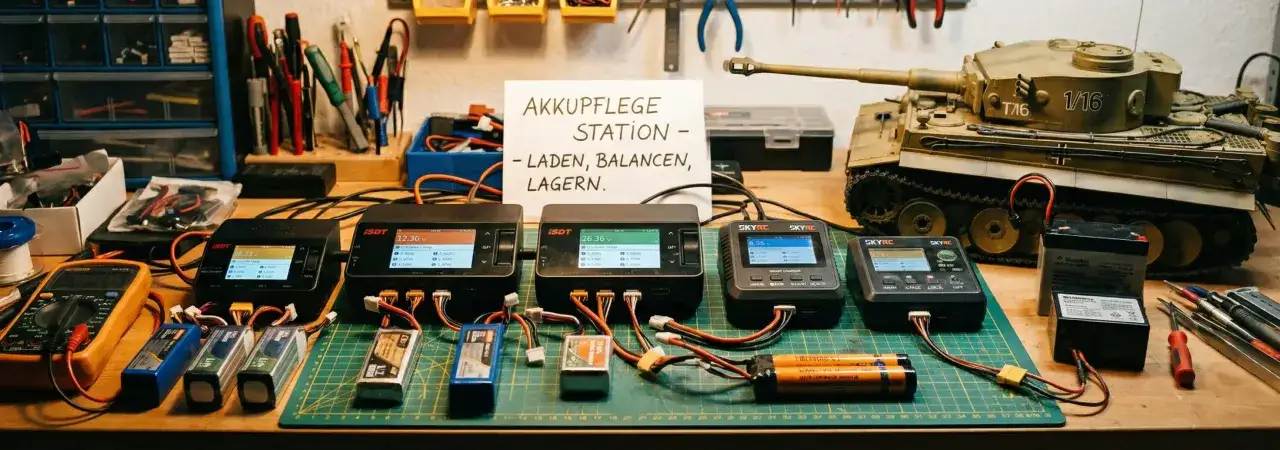 Akkupflegestation mit Ladegeräten, Batterien und einem Modellpanzer. Hier wird alles für die richtige nimh akku lagern vorbereitet.