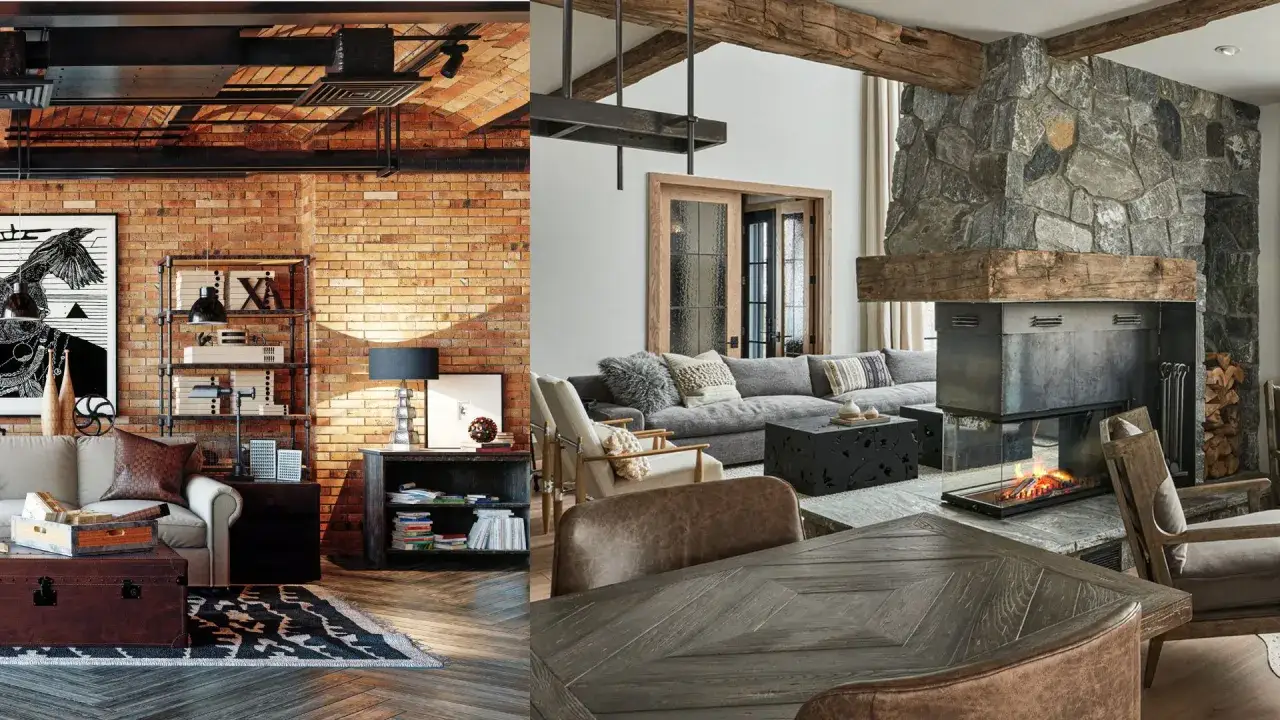 Interni con camino in pietra, travi in legno e mattoni a vista, un perfetto esempio di stile rustico moderno.
