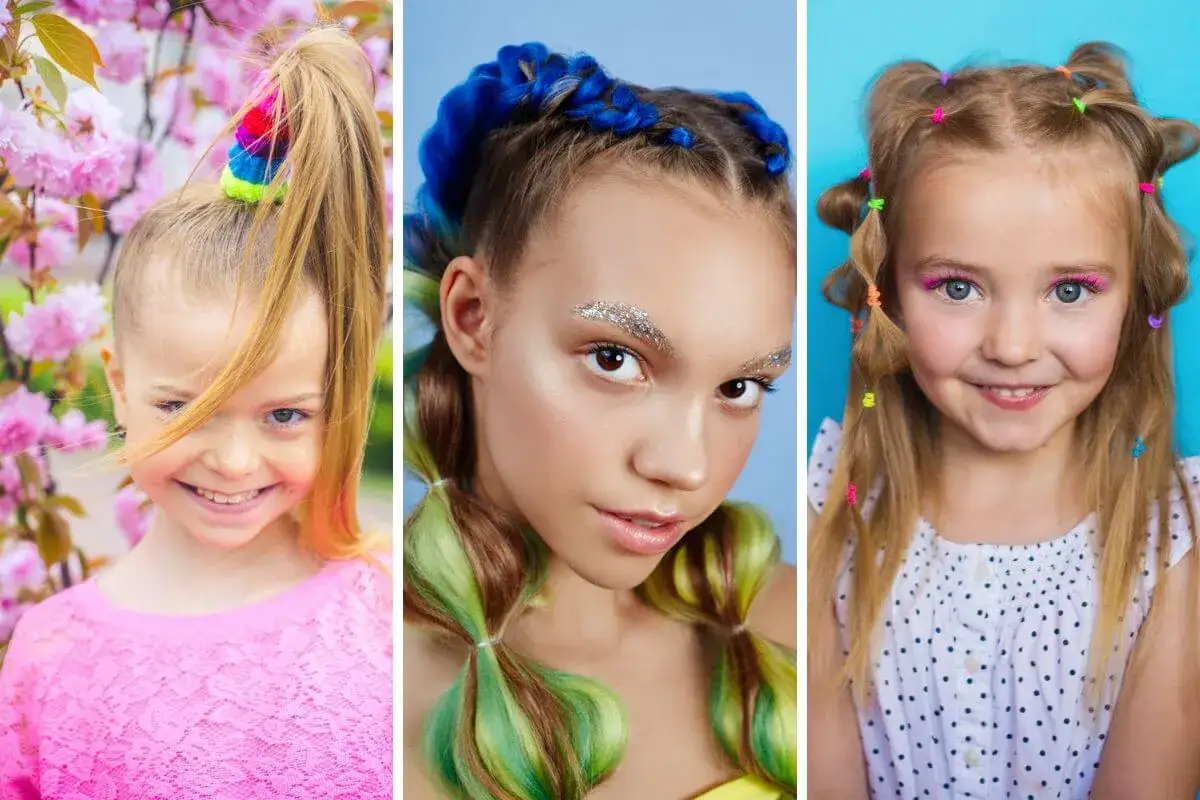 Tres niñas lucen peinados divertidos: coleta alta con accesorio colorido, trenzas azules y verdes, y cabello recogido con gomitas vibrantes. ¡Modernos rayas en el pelo para niños!