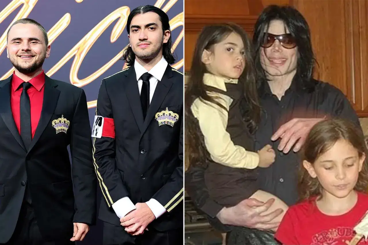 Po lewej dwaj młodzi mężczyźni w garniturach, po prawej Michael Jackson z dziećmi. Czy Michael Jackson miał dzieci? Tak, miał troje.