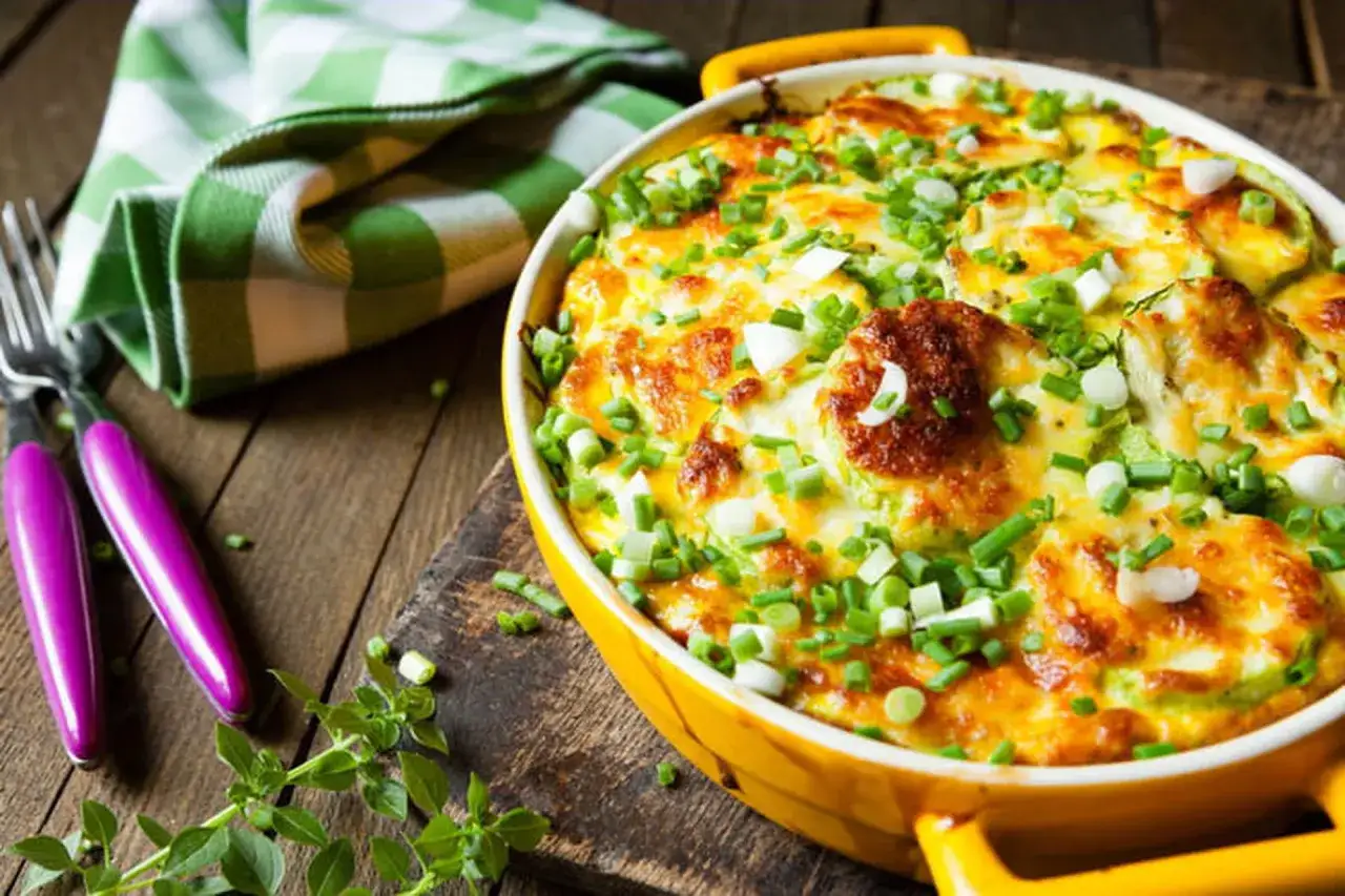 Un gratin de courgettes &agrave; l'ancienne, dor&eacute; et garni de ciboule fra&icirc;che, pr&ecirc;t &agrave; &ecirc;tre d&eacute;gust&eacute;.