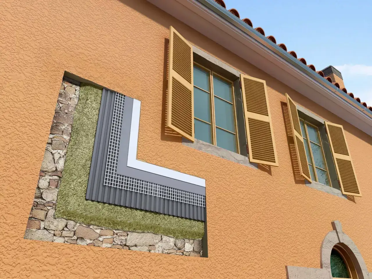 Dettaglio di un muro con strati di isolamento esterno visibili: pietra, materiale isolante verde, griglia e finitura.