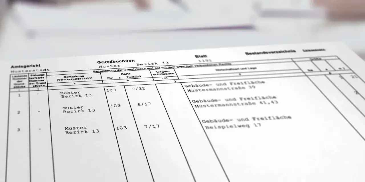 Grundbuchauszug zeigt die Eintragung von Grundstücken. Eine Privatperson kann hier eine Grundschuld eintragen lassen.
