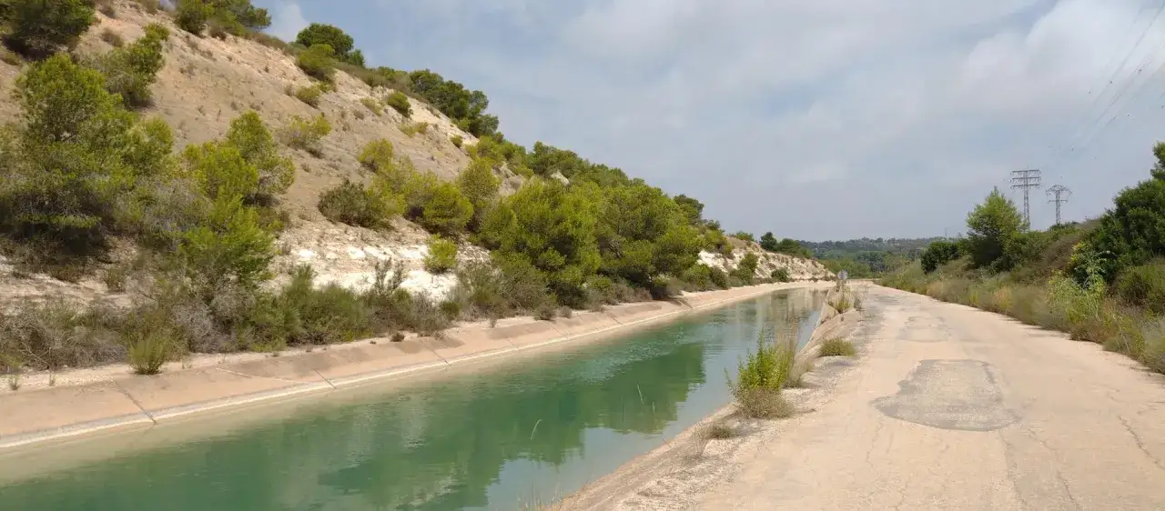 En vacker dagsutflykt från Torrevieja längs en kanal kantad av grönska och en dammig väg.