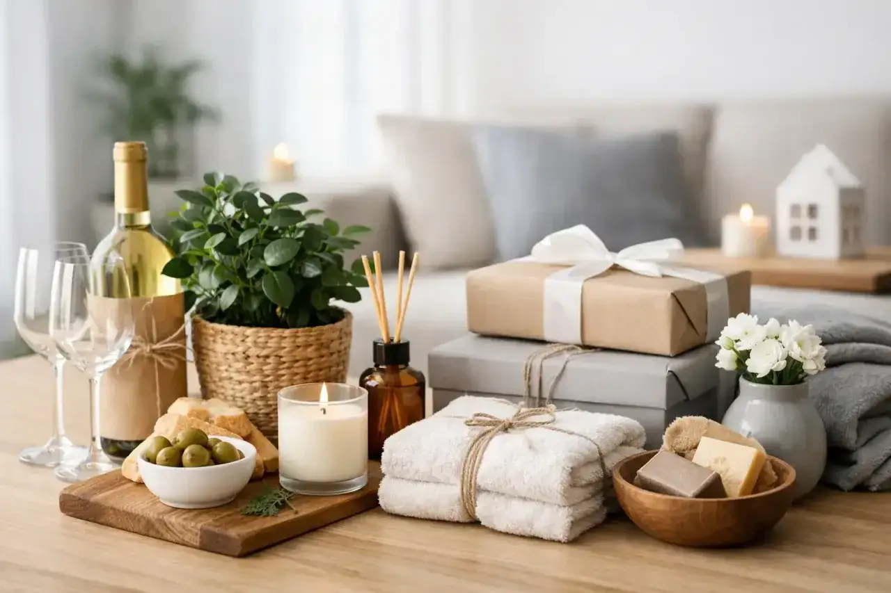 Fina tips på inflyttningspresent: vinflaska, presenter, doftpinnar, ljus, olivskål, handdukar och blommor.