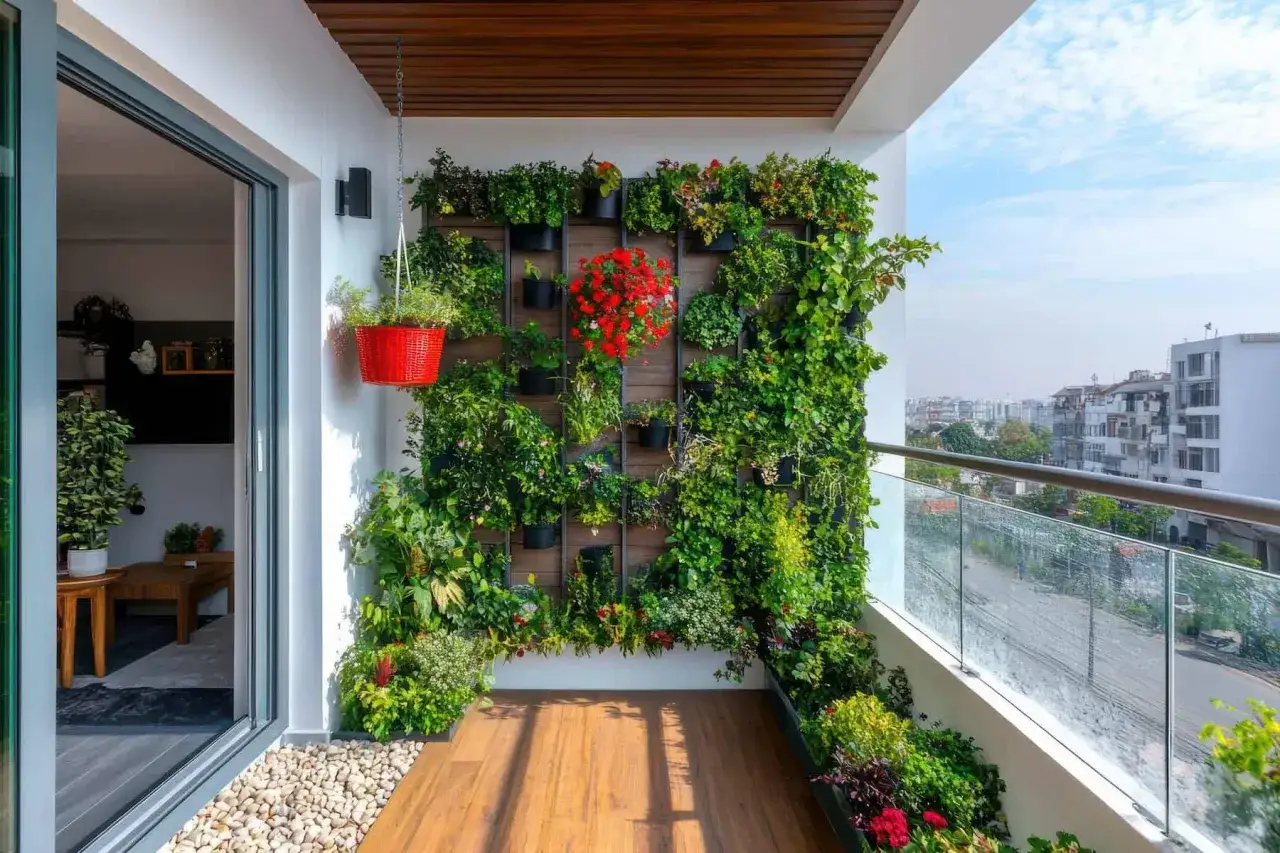Un balc&oacute;n exuberante con **balcones con plantas** que crean un jard&iacute;n vertical. Una cesta roja cuelga, a&ntilde;adiendo un toque de color.