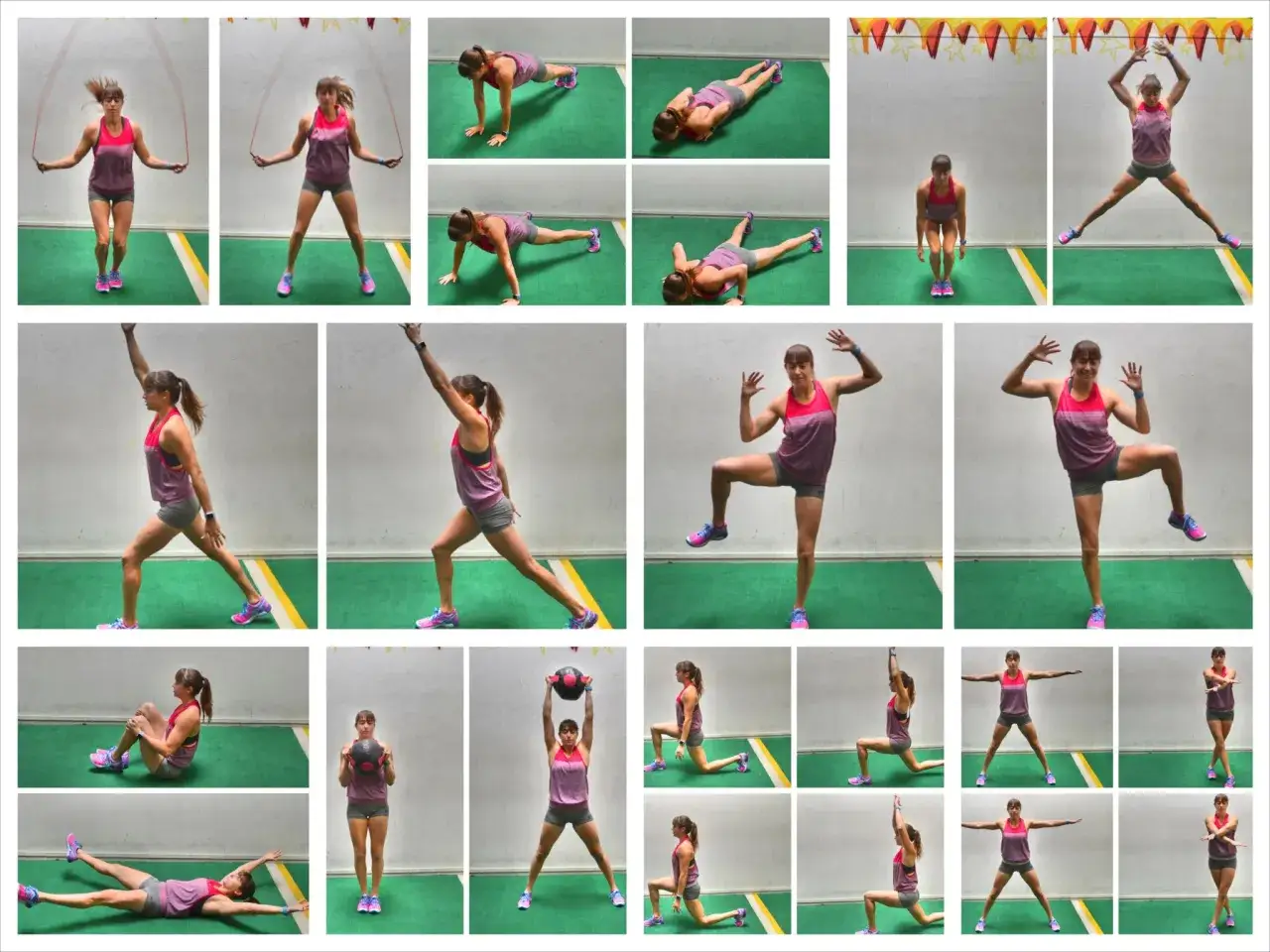 Une femme en tenue de sport ex&eacute;cute un jumping jack, puis d'autres exercices de fitness comme des pompes et des fentes.