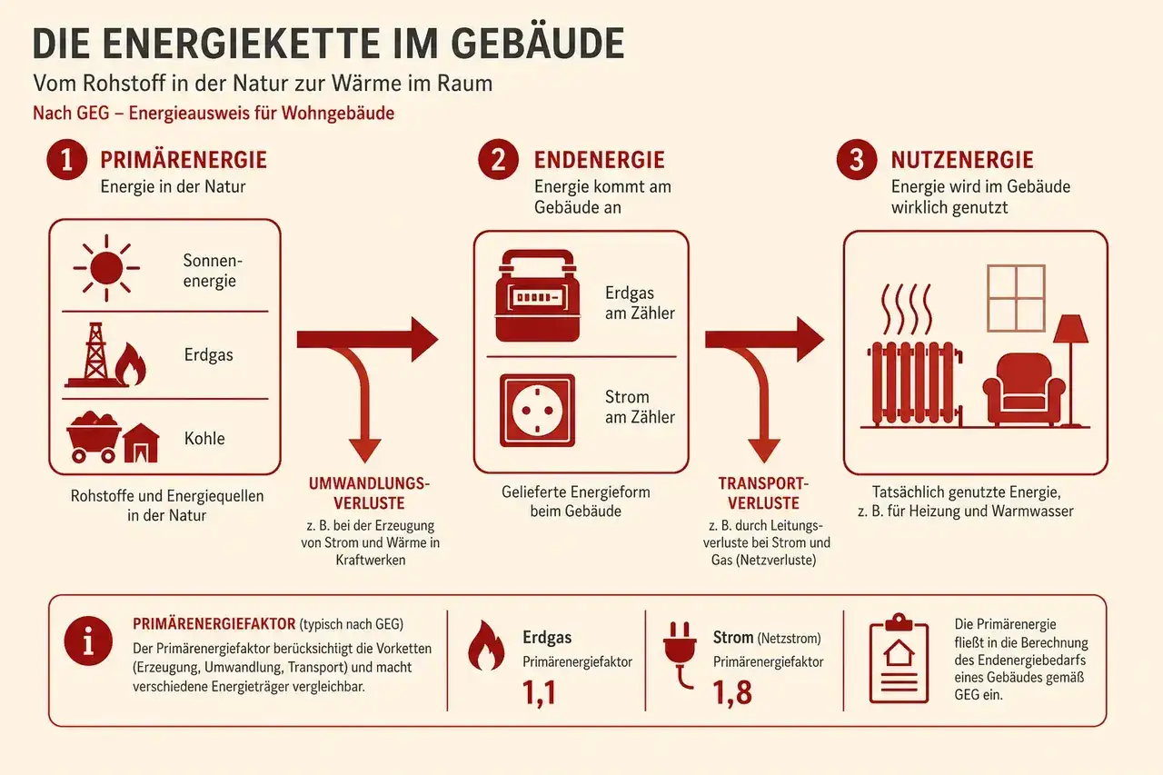 Die Energieeffizienzkette zeigt, was der Energieausweis aussagt: Von Primärenergie über Endenergie zu Nutzenergie, inklusive Verluste.