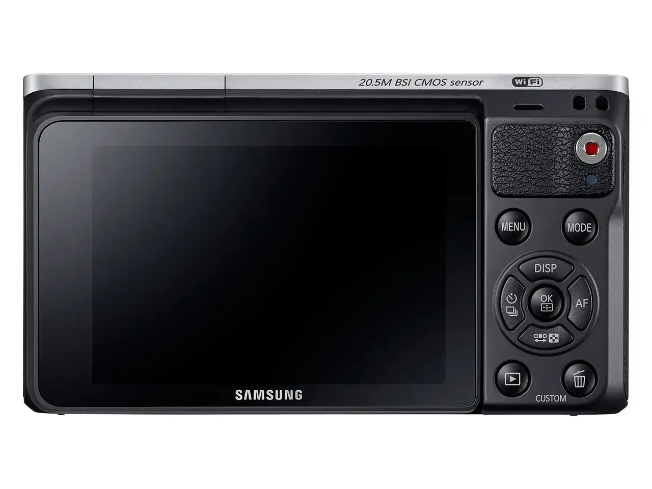 Tył aparatu Samsung MV900F z dużym ekranem i przyciskami sterującymi.
