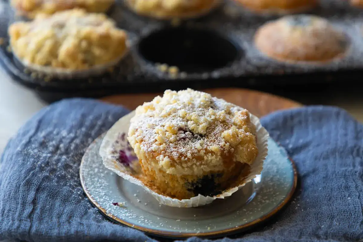 Saftige blaubeermuffins mit Joghurt und Streuseln, best&auml;ubt mit Puderzucker. Ein Genuss f&uuml;r jeden Kaffeetisch.