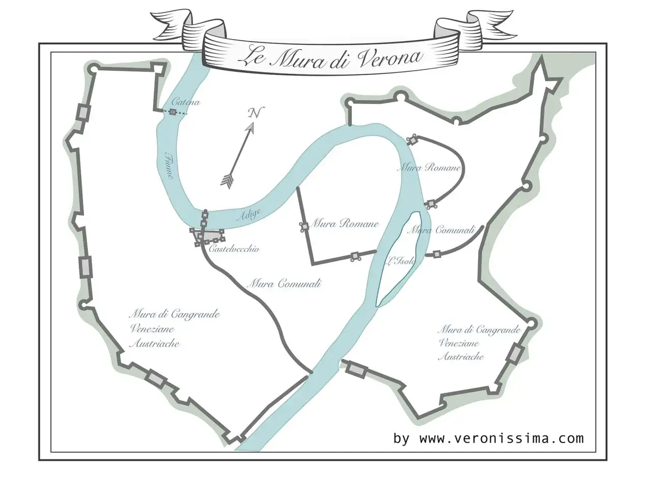 Mappa delle mura di Verona, ideale per le tue passeggiate a Verona e dintorni. Mostra il fiume Adige, Castelvecchio e le diverse cinte murarie.