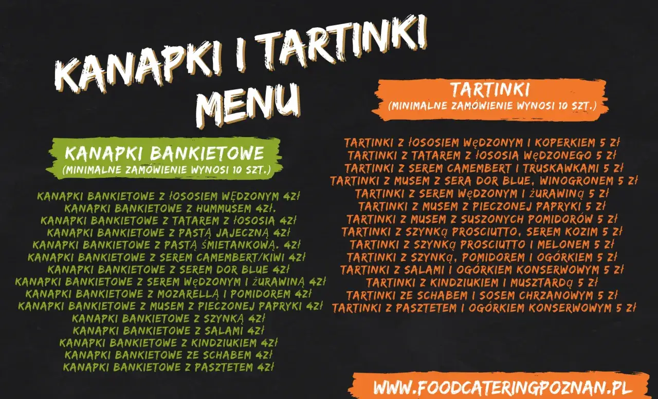 Menu z kanapkami i tartinkami. Pan kanapka Poznań oferuje różnorodne przekąski na imprezy.