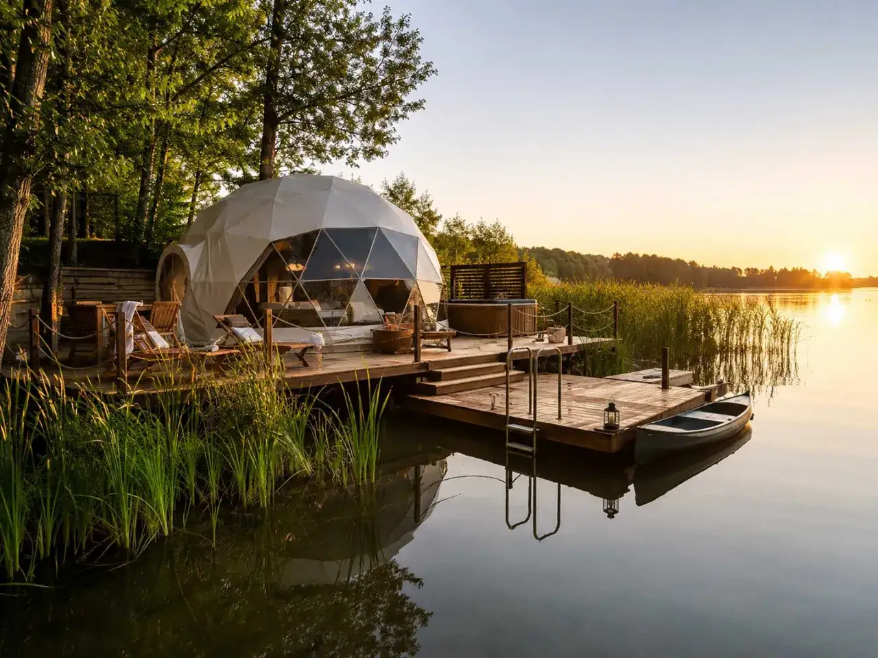 Domek glampingowy nad jeziorem w Polsce, z jacuzzi i łódką przy pomoście. Zachód słońca tworzy magiczną atmosferę.