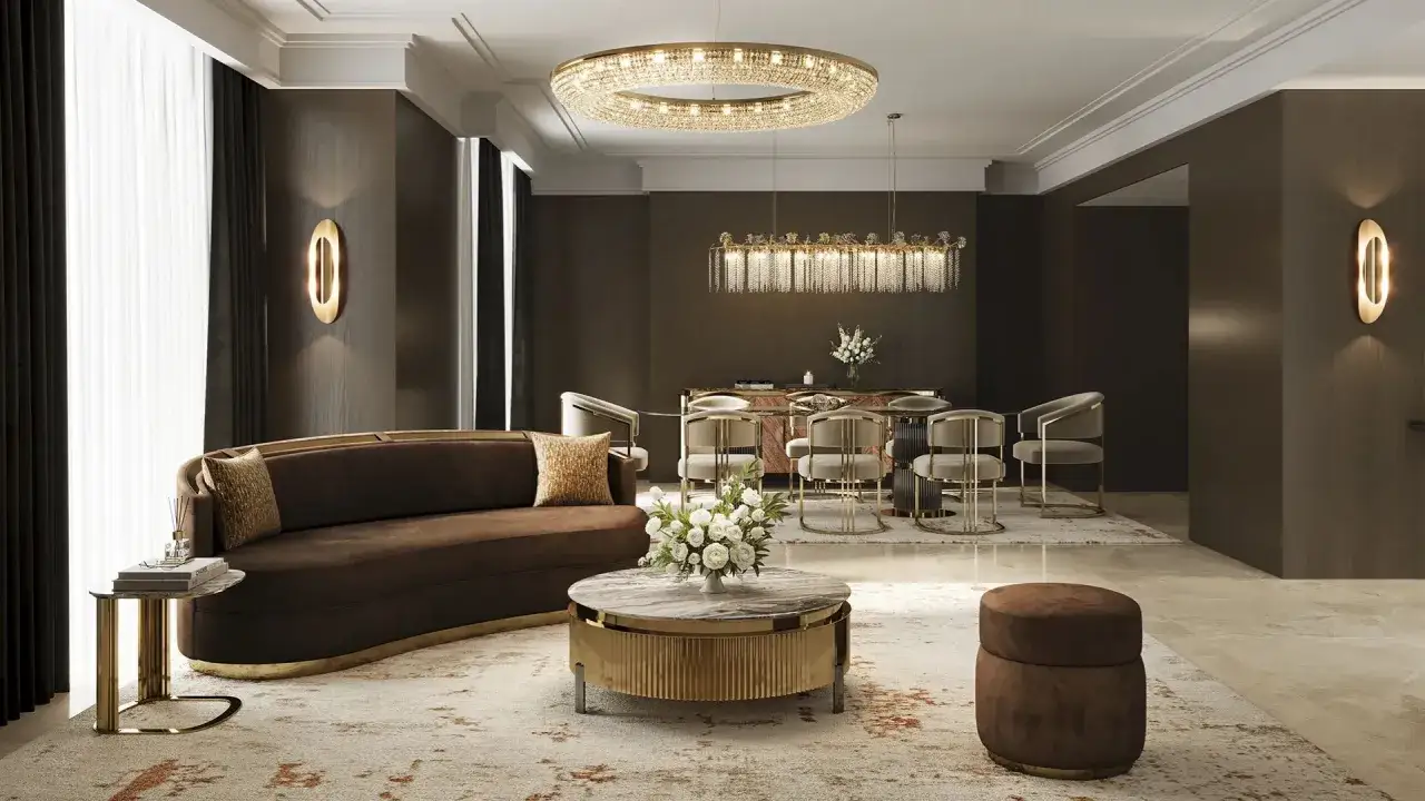 Luxurious interior architecture photography showcasing a modern living and dining space with a curved brown sofa, marble coffee table, and elegant dining set.