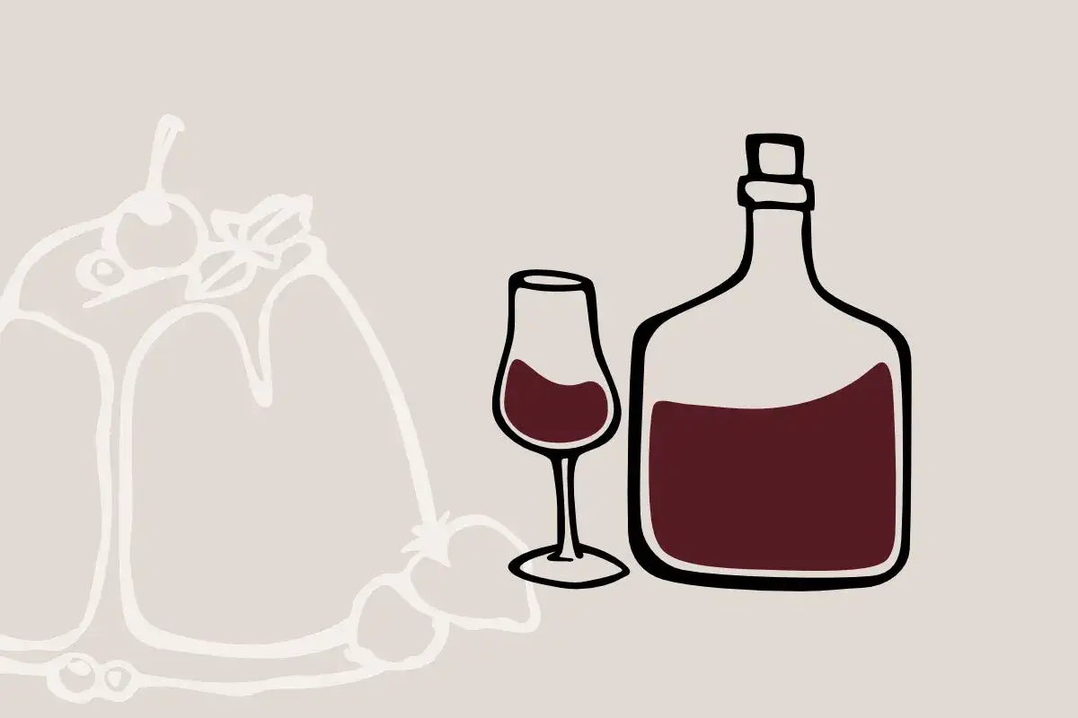 Stilisierte Darstellung eines Kuchens mit Fr&uuml;chten, daneben ein Glas und eine Flasche mit dunklem Wein. Der Unterschied Portwein Sherry wird angedeutet.