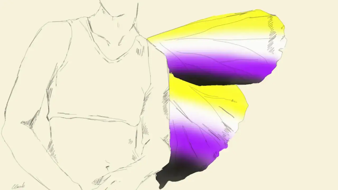 Schizzo di una persona non binaria con ali colorate con i colori della bandiera non binaria: giallo, bianco, viola e nero.