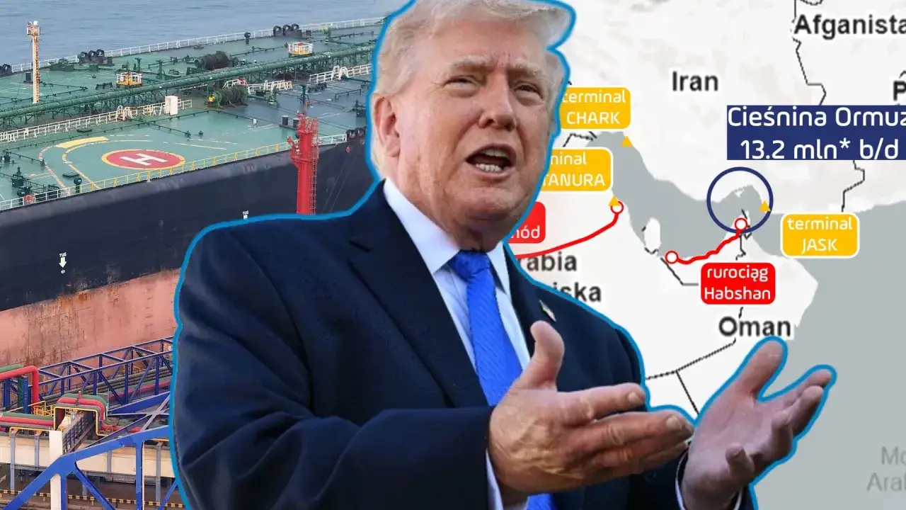 Donald Trump na tle mapy Bliskiego Wschodu i tankowca, symbolizujący geopolityczne napięcia i **turmoil** wokół dostaw ropy.
