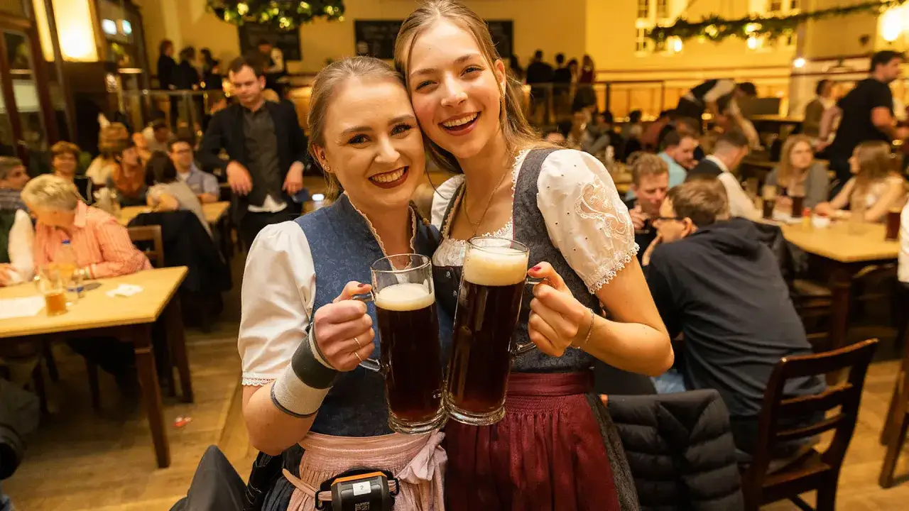 Zwei lachende Frauen in Tracht halten riesige Kr&uuml;ge mit gestauchtem Bier.