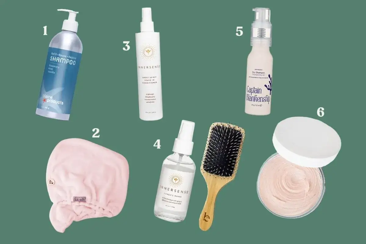 Produkter f&ouml;r att ta hand om h&aring;ret: schampo, h&aring;rtorkshuva, leave-in conditioner, saltvattenspray, torrschampo och en h&aring;rinpackning.