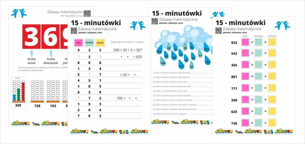 Zapis dziesiętny liczby trzycyfrowej: zadania matematyczne dla dzieci z pociągami i kroplami deszczu.