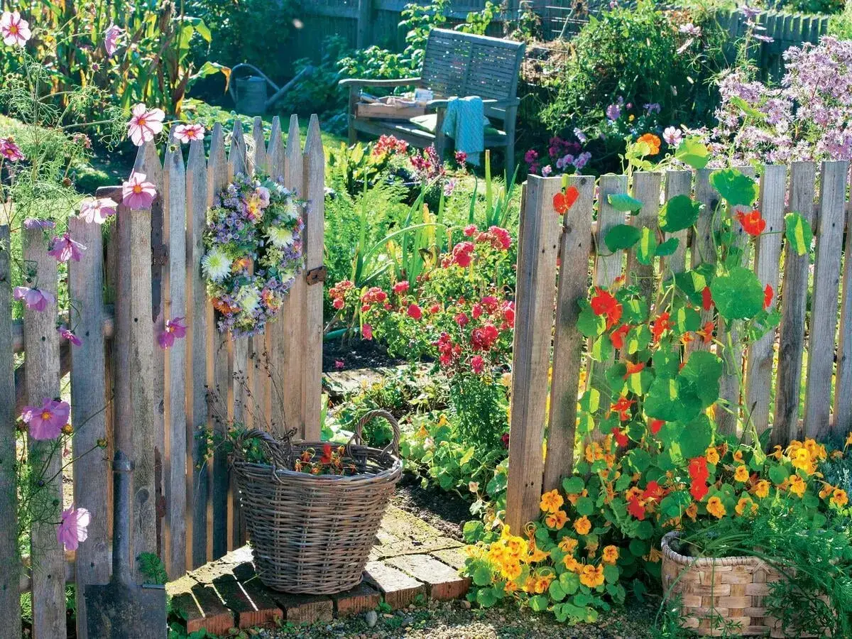 Ein moderner Bauerngarten bl&uuml;ht &uuml;ppig hinter einem Holzzaun. Ein Blumenkranz schm&uuml;ckt das Tor, w&auml;hrend Kapuzinerkresse und bunte Bl&uuml;ten den Weg s&auml;umen.