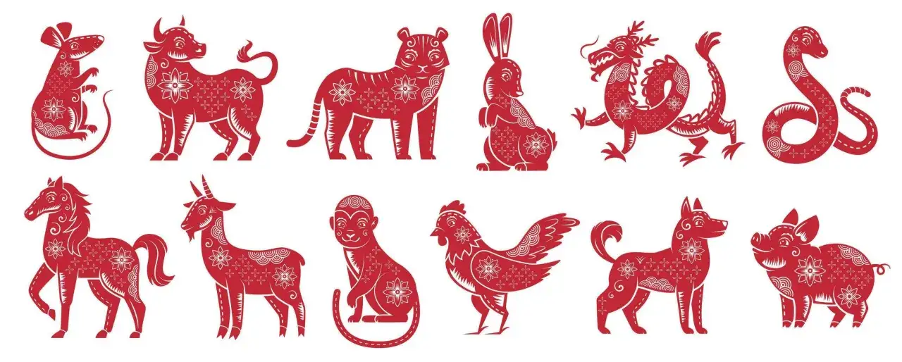 Czerwone, stylizowane chińskie znaki zodiaku lata: szczur, wół, tygrys, królik, smok, wąż, koń, koza, małpa, kogut, pies, świnia.