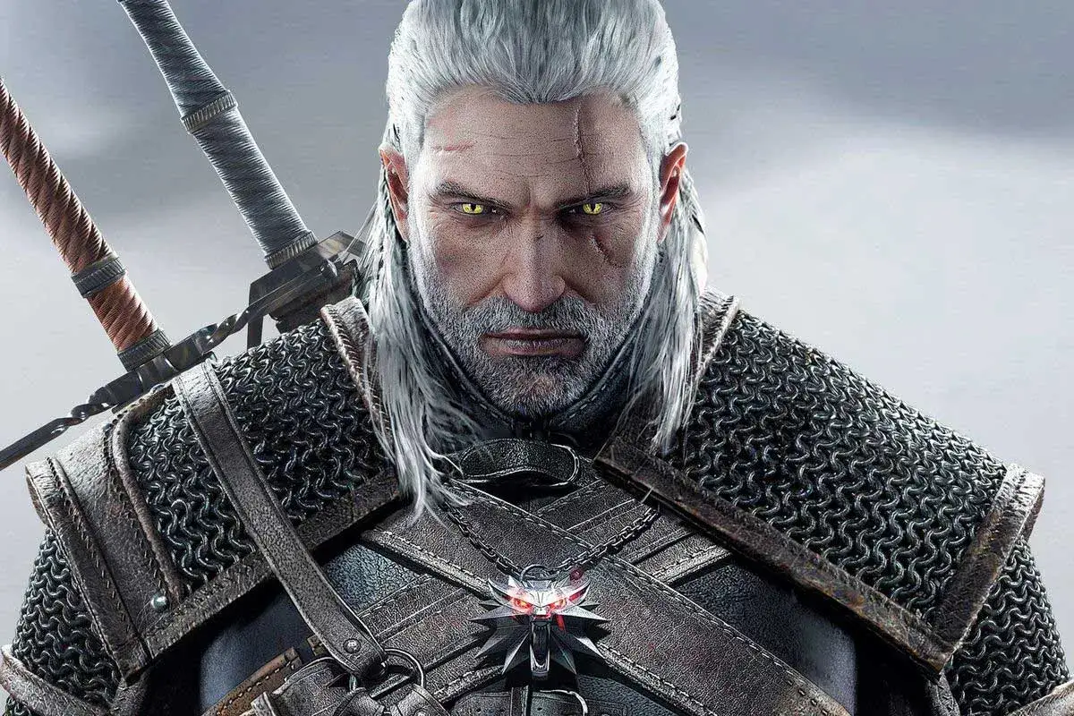 Geralt z Rivii, wiedźmin, z dwoma mieczami i wilczym medalionem. 