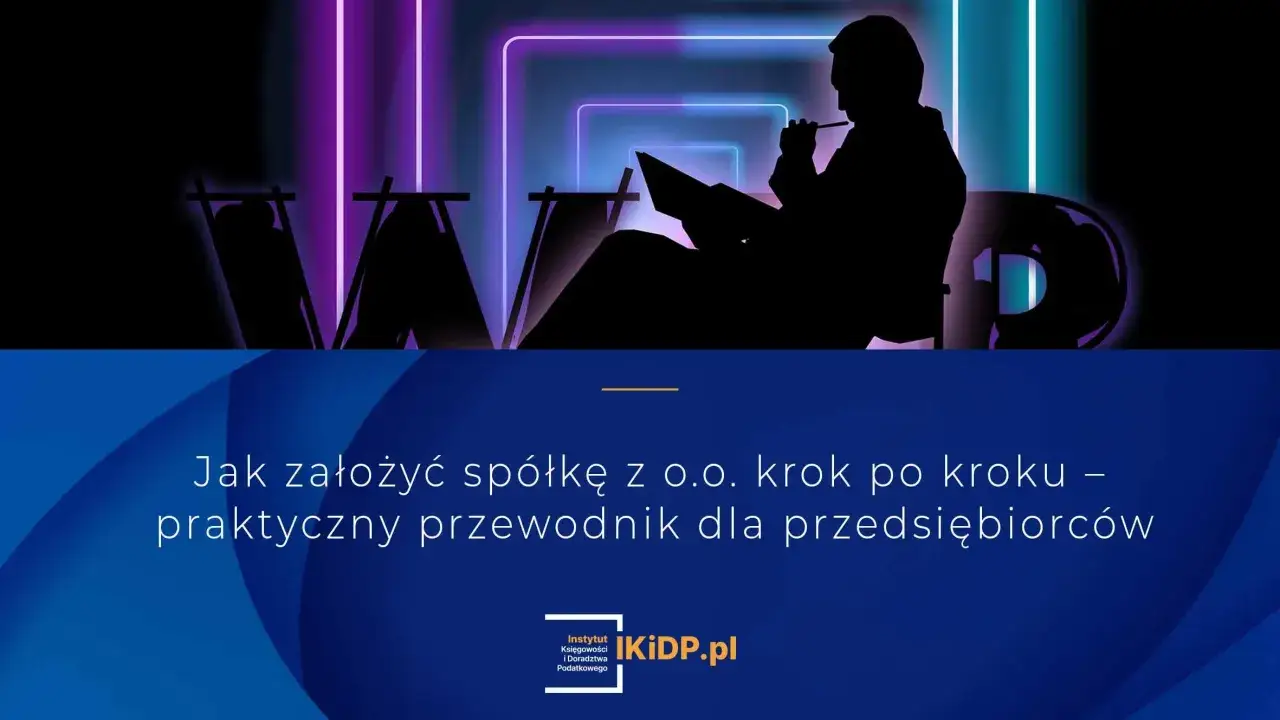 Sylwetka przedsiębiorcy analizuje dokumenty, przygotowując się do założenia spółki z o.o. Neonowe tło.