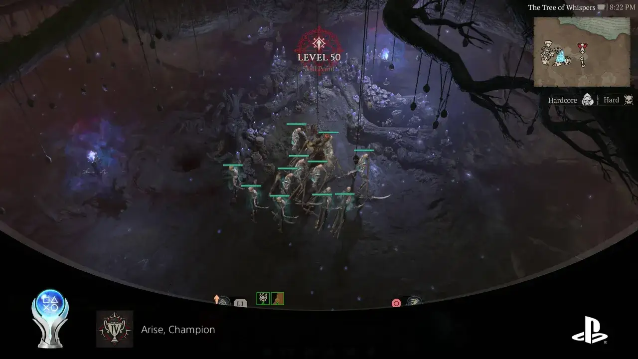 Un jugador celebra alcanzar el nivel 50 en Diablo 4, obteniendo trofeos y un punto de habilidad. ¡La victoria en Santuario se siente bien!